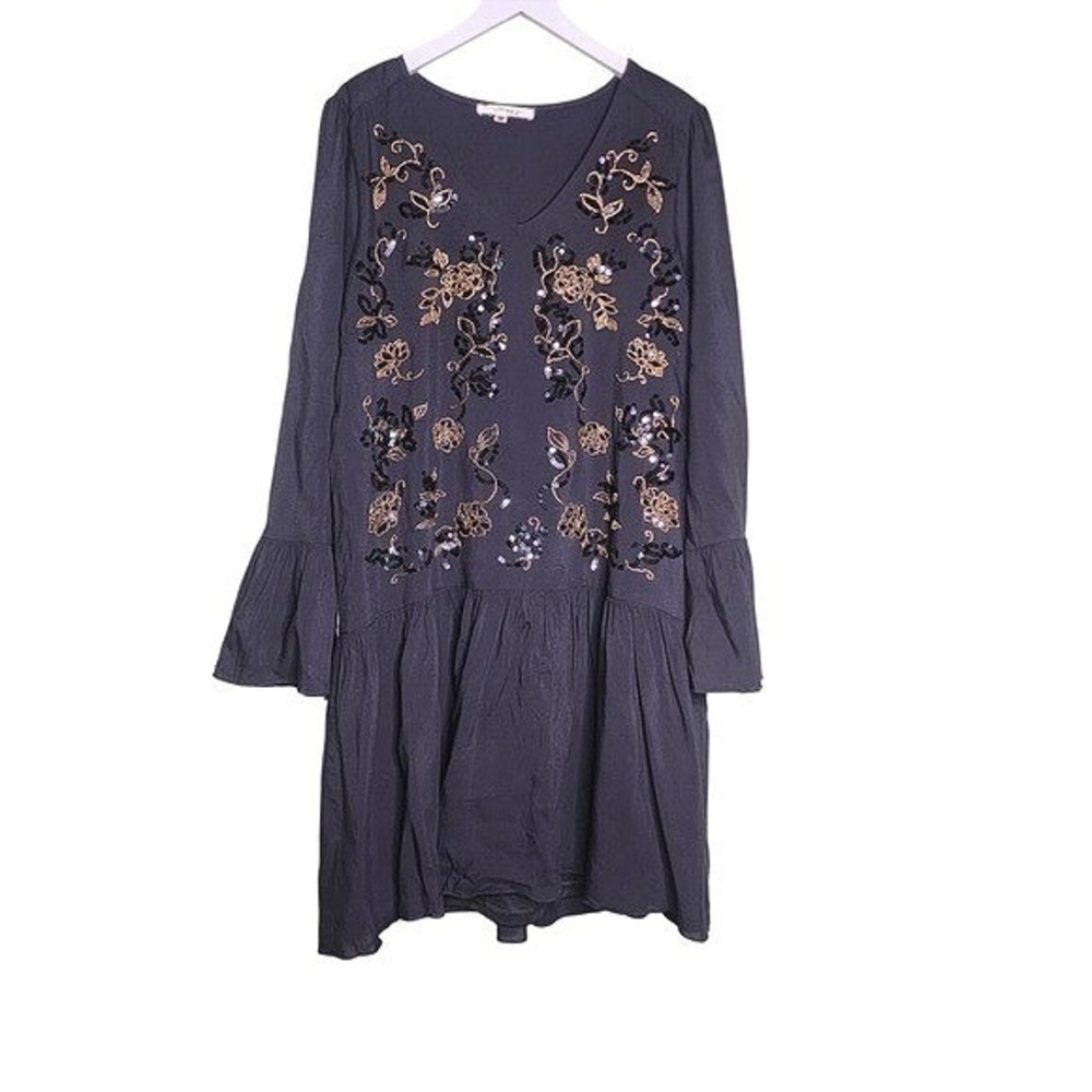 Andree by Unit Black Dress Gold Beaded Floral Embellishment V-Neck Whimsigoth M